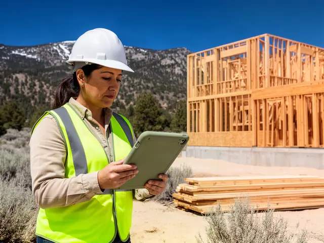 Woman in a white hard hat and yellow safety vest reviewing a green tablet beside a timber-framed house under construction