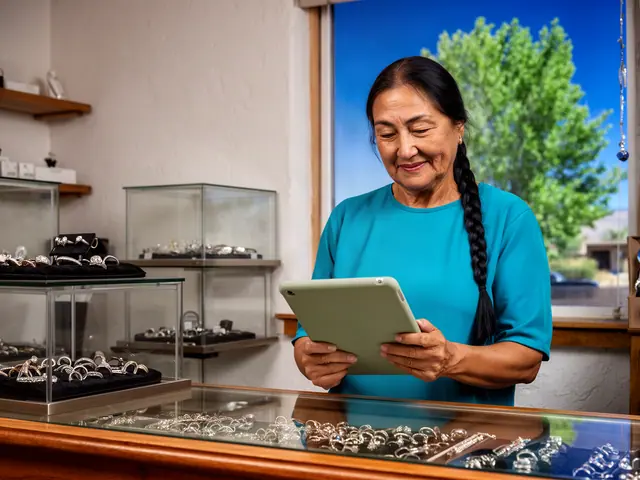 Woman with a long braid in a turquoise top reviewing a green tablet behind a glass case of silver rings
