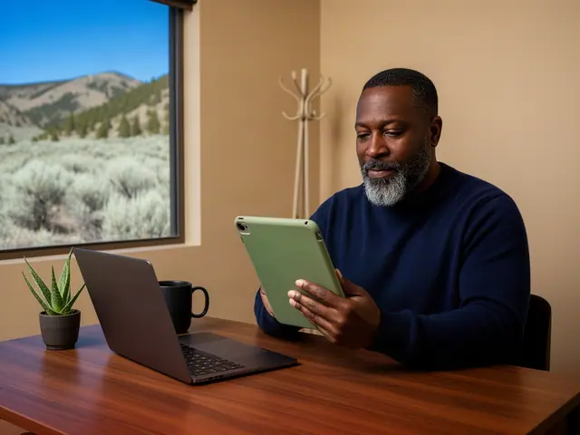 Bearded man in a navy sweater reading a green-cased tablet at a wooden desk beside a laptop