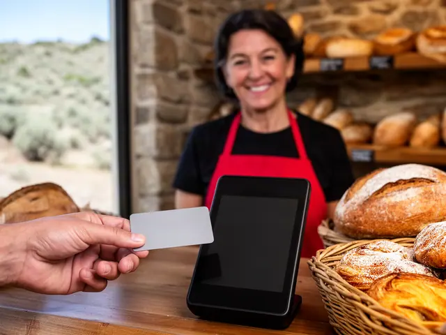 Customer's hand holding a blank grey card near a black card terminal while a smiling baker stands behind the counter