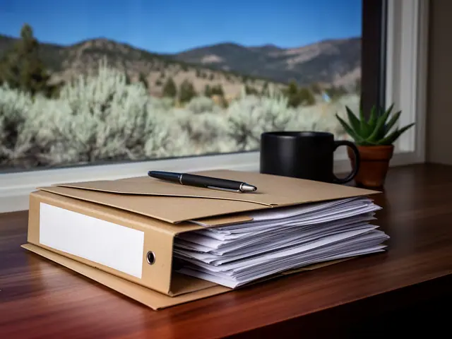 Kraft binder thick with paper beside a black pen, black mug and aloe plant on a sunny windowsill desk