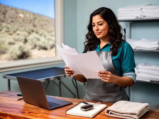 Woman with long wavy dark hair in a teal shirt and grey apron reading papers in a pet grooming room